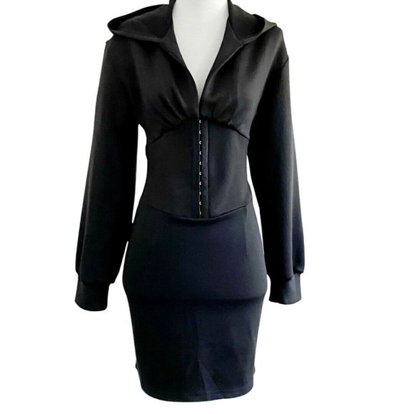 Fashion Nova Dolman Sleeve Hoodie Hook & Eye Midriff Fleece Mini Dress Size M - Picture 2 of 8